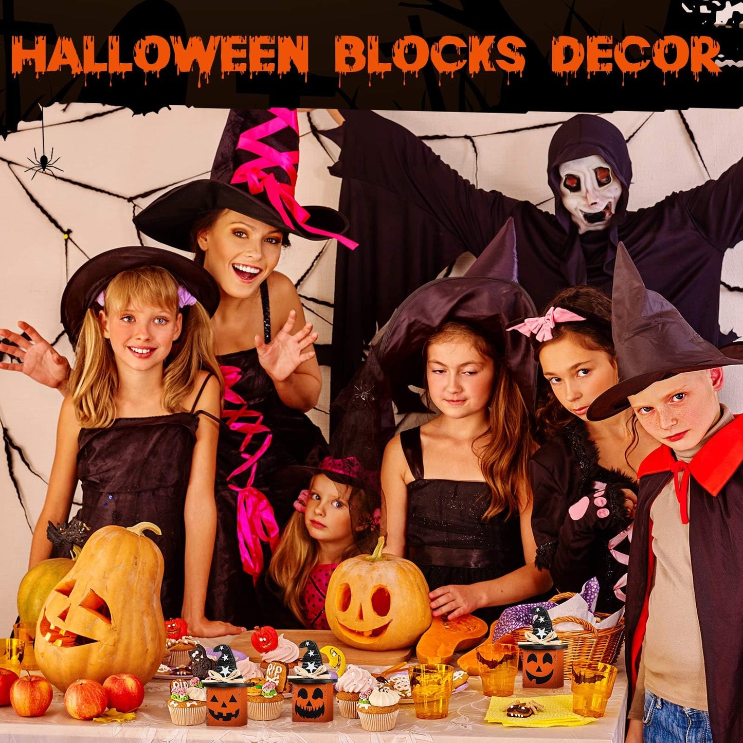Amyhill 3 Pcs Halloween Ghost Table Decor Pumpkin Witch Hat Wooden Sign Small Halloween Tiered Tray Decor Black and Orange Spooky Pumpkin Face Tabletop Centerpieces for Home Mantel Shelf Office Desk