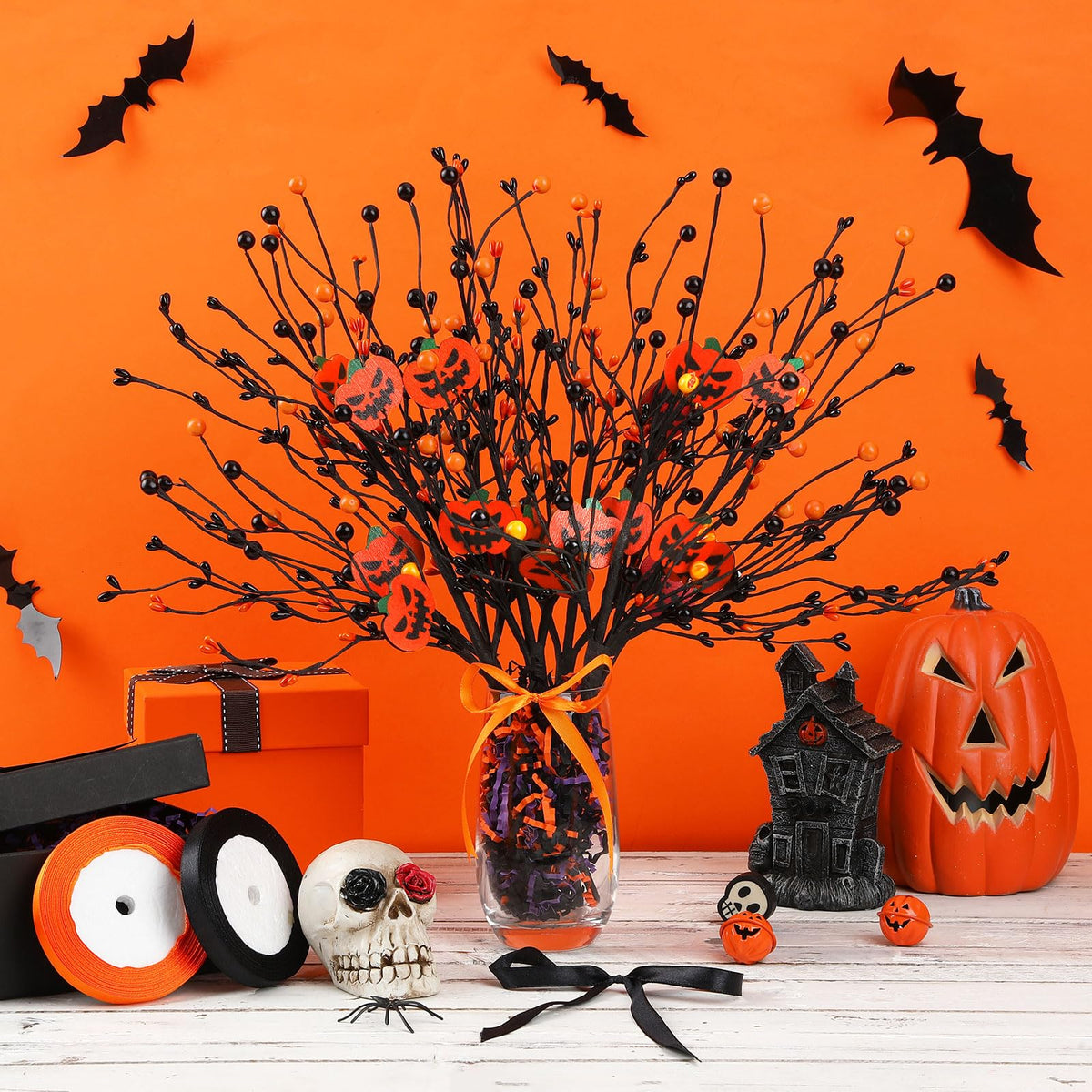 JUNEBRUSHS 6 Pcs Artificial Pumpkin Stems with Black Branches and 2 Roll Ribbons for Halloween Vase Bouquet Arrangement Wreath Table Centerpiece Home Party Decor