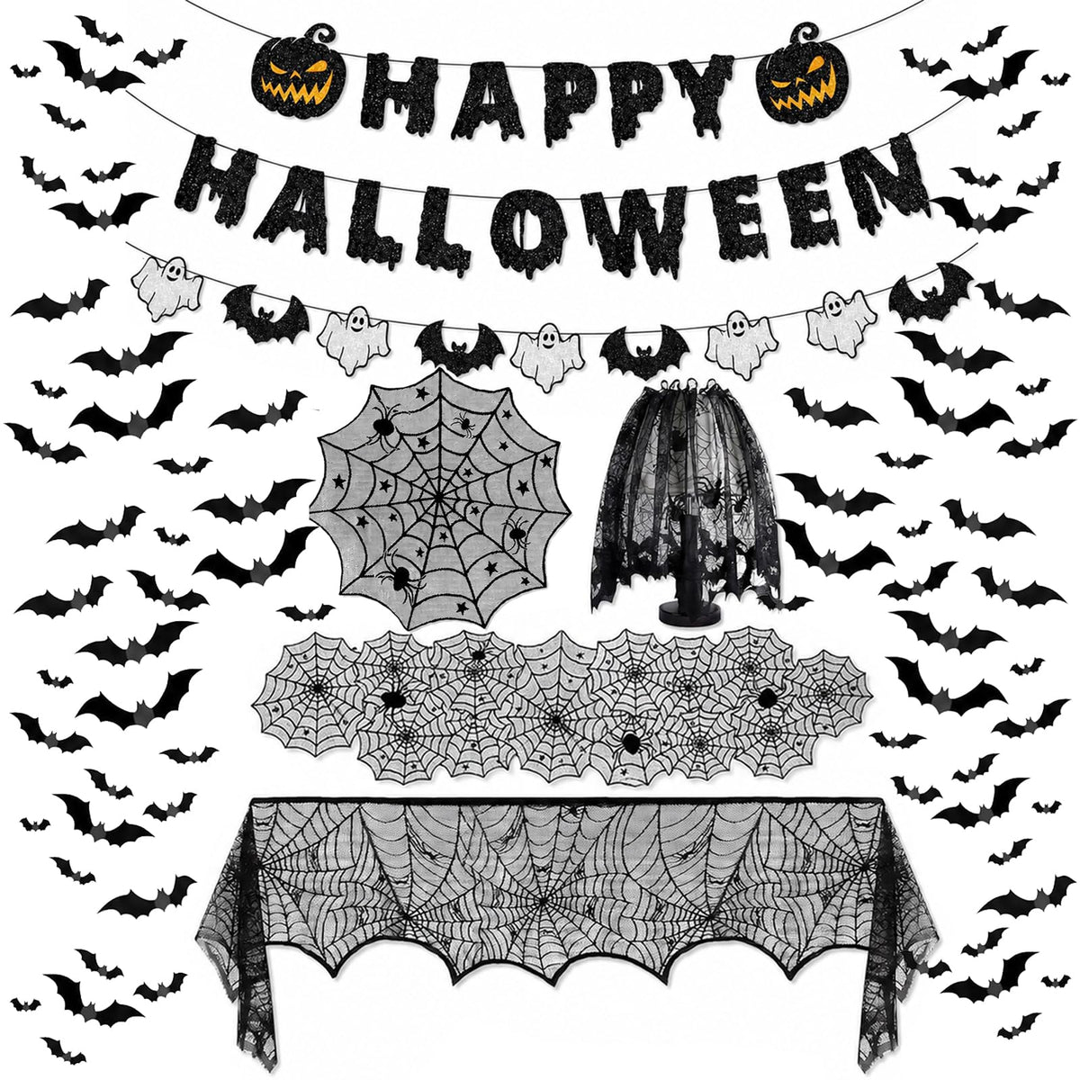 8Pack Halloween Decorations Indoor Halloween Decor, Spider Web Table Cloth/Black Lace Table Runner, Fireplace Mantel Scarf, Cobweb Lampshade with 3D Bat Wall Stickers, Halloween Spooky Home Decor.