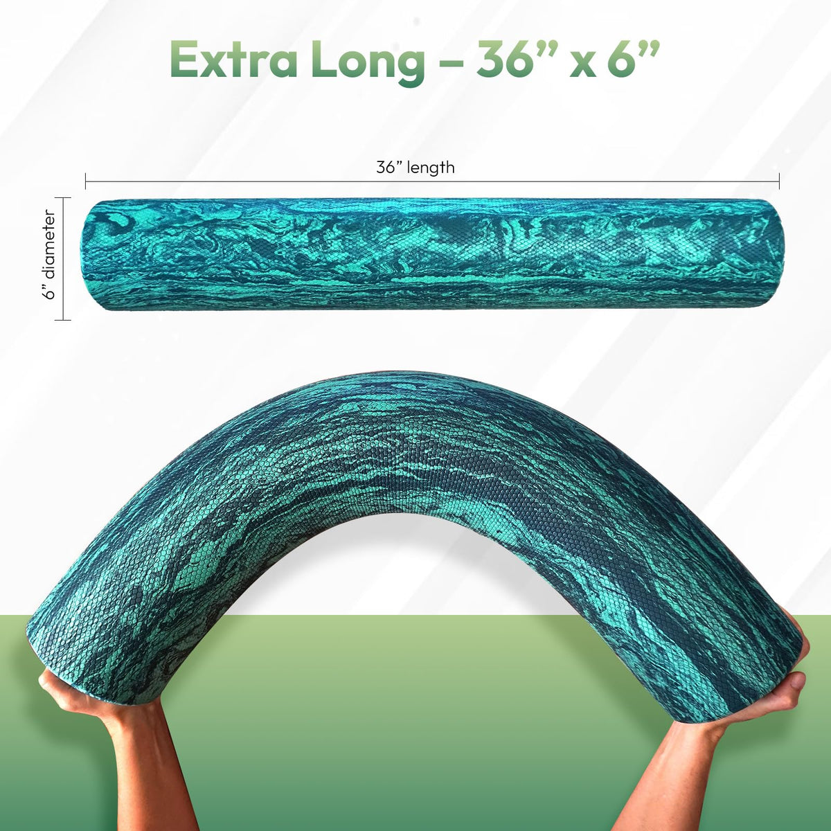 Soft Density Foam Roller 36" x 6" – Low Density Physical Therapy Roller for Exercise, Pilates, Yoga, Gentle Massage & Muscle Recovery – Green Marbled Round
