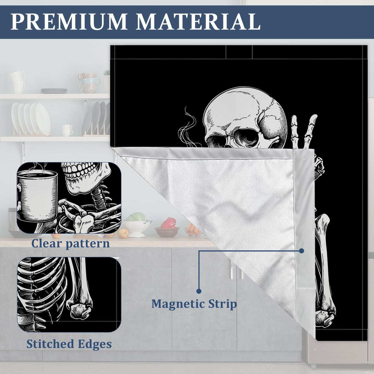 Black Dishwasher Magnet Cover Funny Skeleton Coffee Dishwasher Magnets Decorative Cover for Kitchen, Refrigerator Magnet Decal Panels 23” x 26”