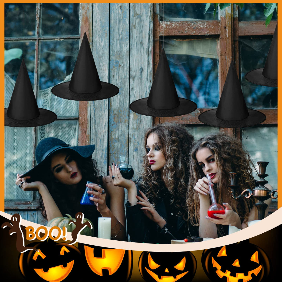 SATINIOR 12 Pcs Halloween Witch Hat Hanging Decor Floating Witch Hat with Rope Accessory and Transparent Seamless Hooks (Classic)