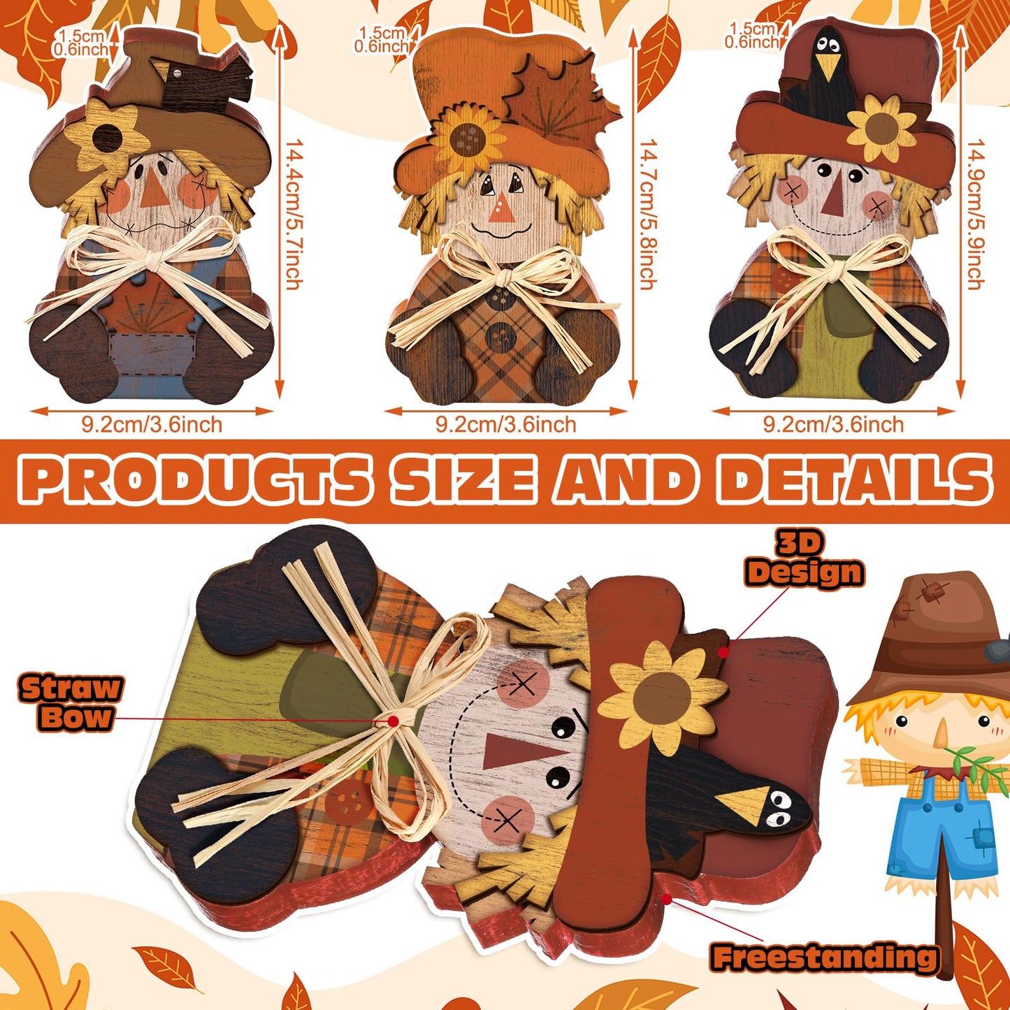 Ferraycle 3 Pcs Thanksgiving Scarecrow Decor Fall Decor Farmhouse Sign Rustic Tiered Tray Decorations Table Centerpieces Standing Pumpkin Turkey Wooden Block Sign for Home Kitchen(Scarecrow)