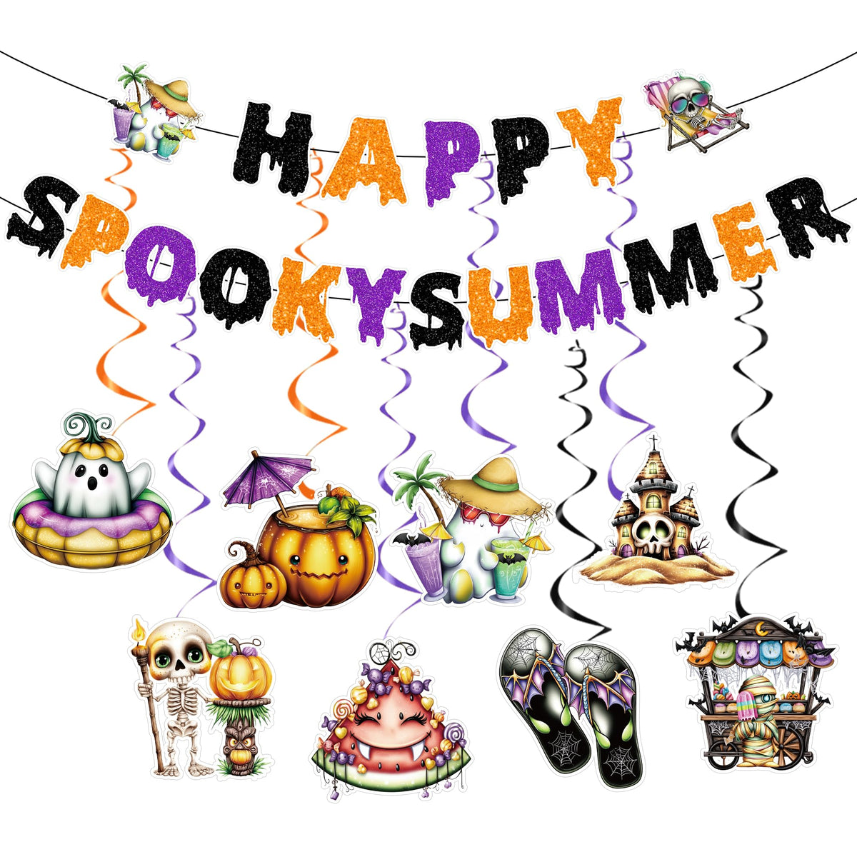 RUBOAOA Summerween Decorations, 10 Pcs Spooky Summer Halloween Decor with Banner Hanging Swirls, Cute Luau Beach Tropical Party Supplies for Indoor Home, Backyard, Patio, Pool and Summer Parties