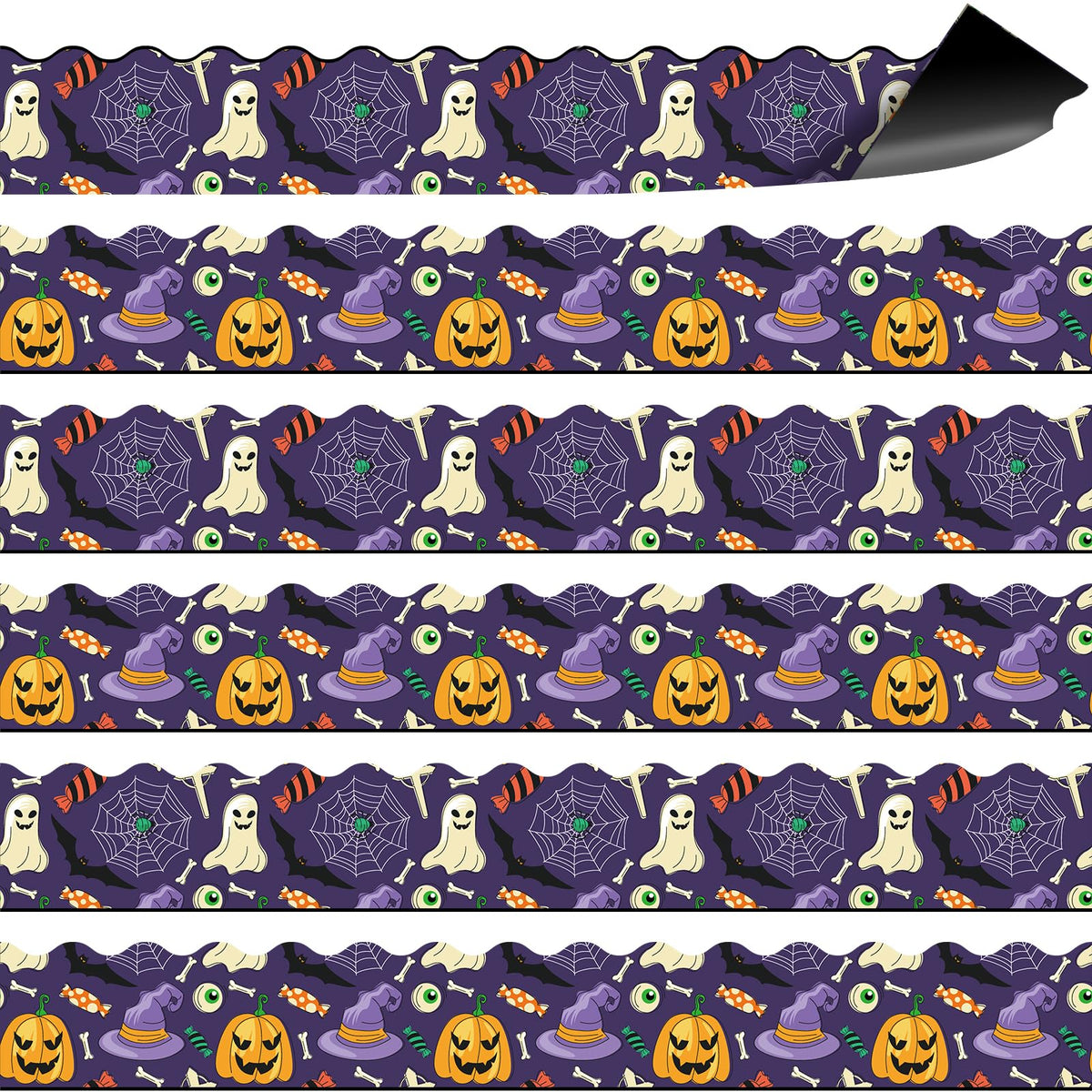 JYNTERPLAY 30Pcs Halloween Magnetic Bulletin Board Borders for Classroom Spooky Pumpkin Ghost Spider Web Bat Purple Border Strips Die Cut for Whiteboard Chalkboard Office Decor