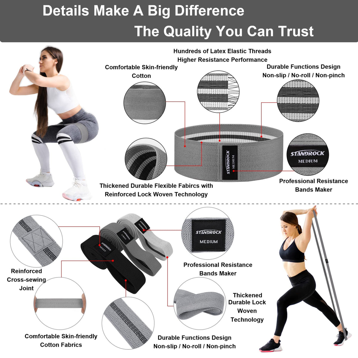 STANDROCK Fabric Resistance Bands for Working Out, 3 and 4 Levels Booty Bands Long Resistance Bands for Women and Men | Elastic Bands for Exercise Bands Resistance Workout Bands Resistance