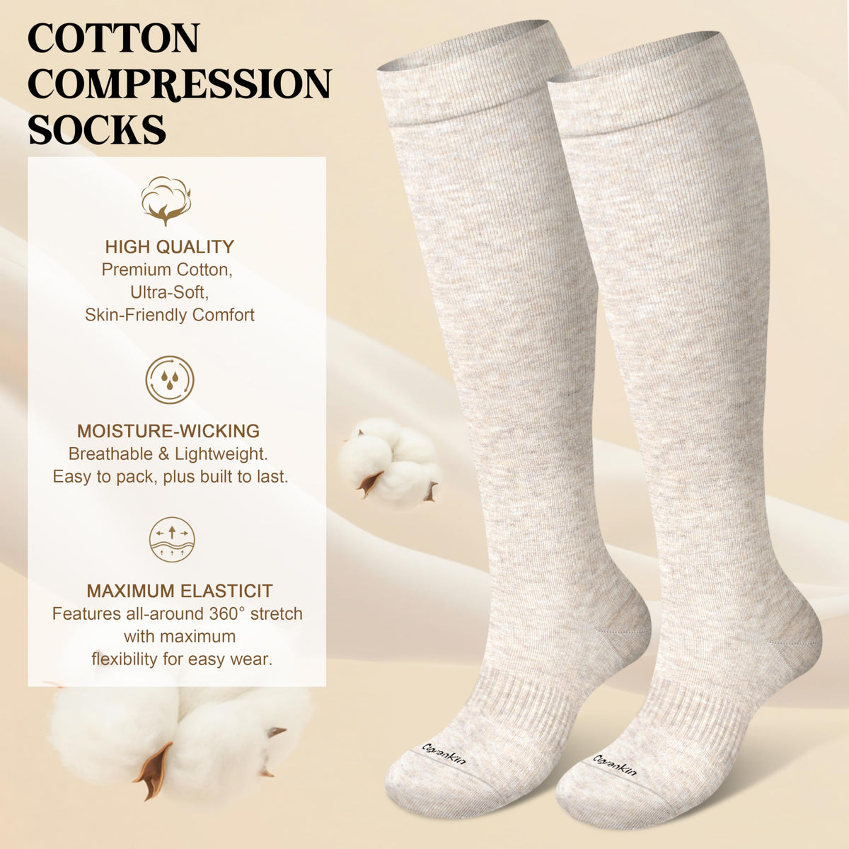 Cuyankin Compression Socks for Women and Men Cotton 15-20mmHg Knee High Soft Support Sock for Nurses, Flying, Travel, Pregnancy,Improve Circulation, Cream, Brown, Coffee