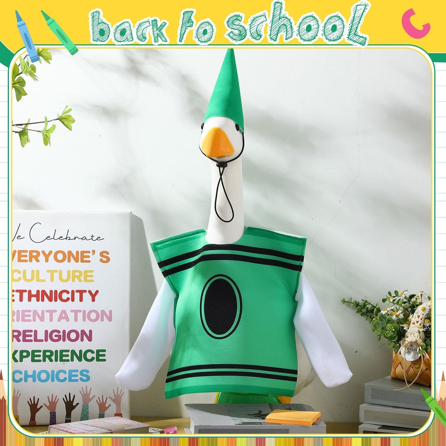 Geyoga Back to School Porch Goose Outfit 23" Classroom Goose Clothes Lawn School Garden Patio Yard Outdoor Decorations(Green,Crayon)