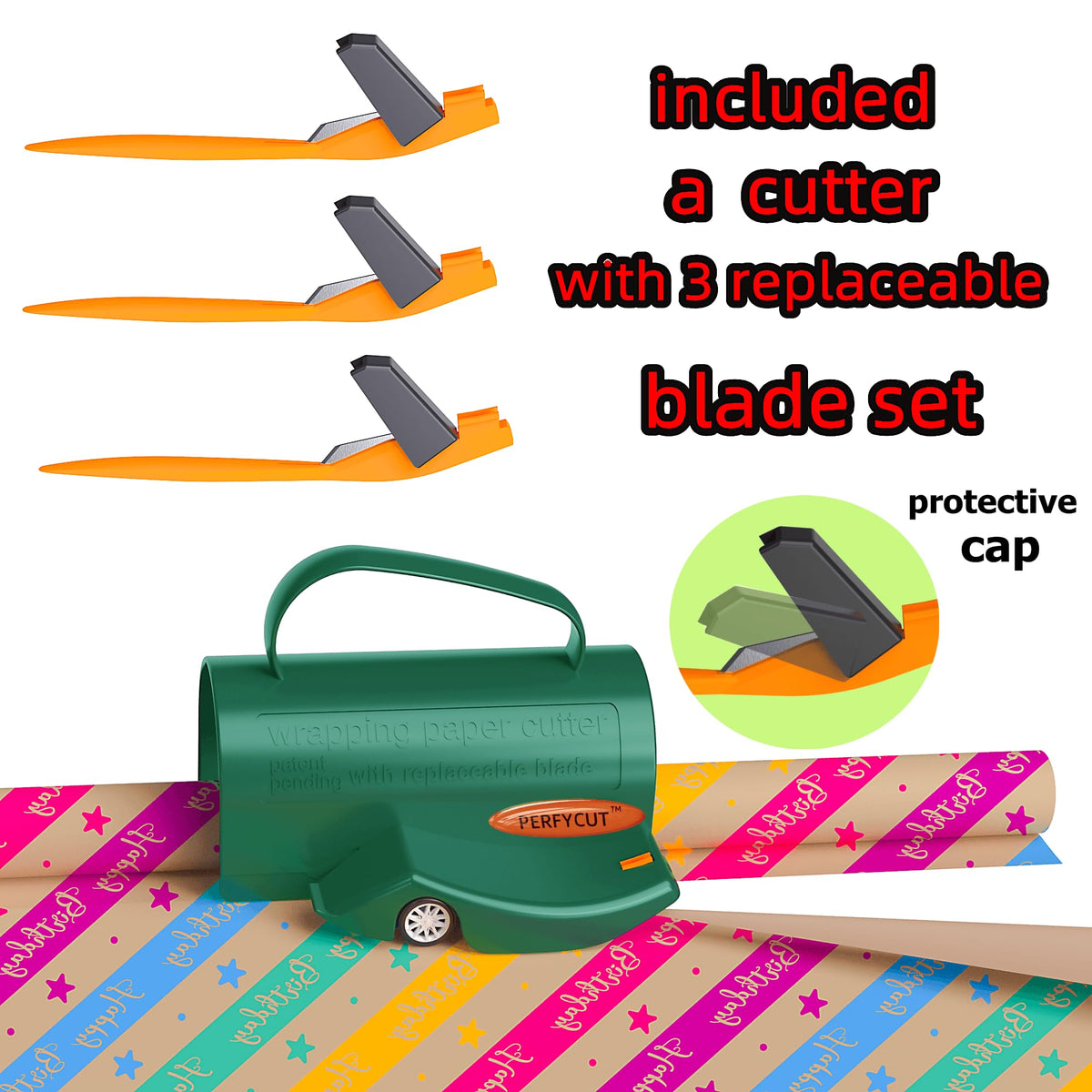 PERFYCUT Wrapping Paper Roll Cutter Tool with 3 pcs Replaceable Blade Kit Gift Wrapping Paper Cutter for Christmas and Birthday Wrapping Paper Gift Wrap Cutter Holder Tube Slicing Trimming.