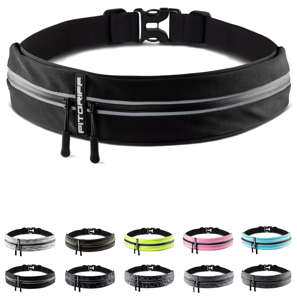 Fitgriff® Running Belt for Men & Women - Secure Jogging Pouch for Phone, Keys & Essentials - For All Cell Phones (Black, 24.5" - 35.5" Waist Size)