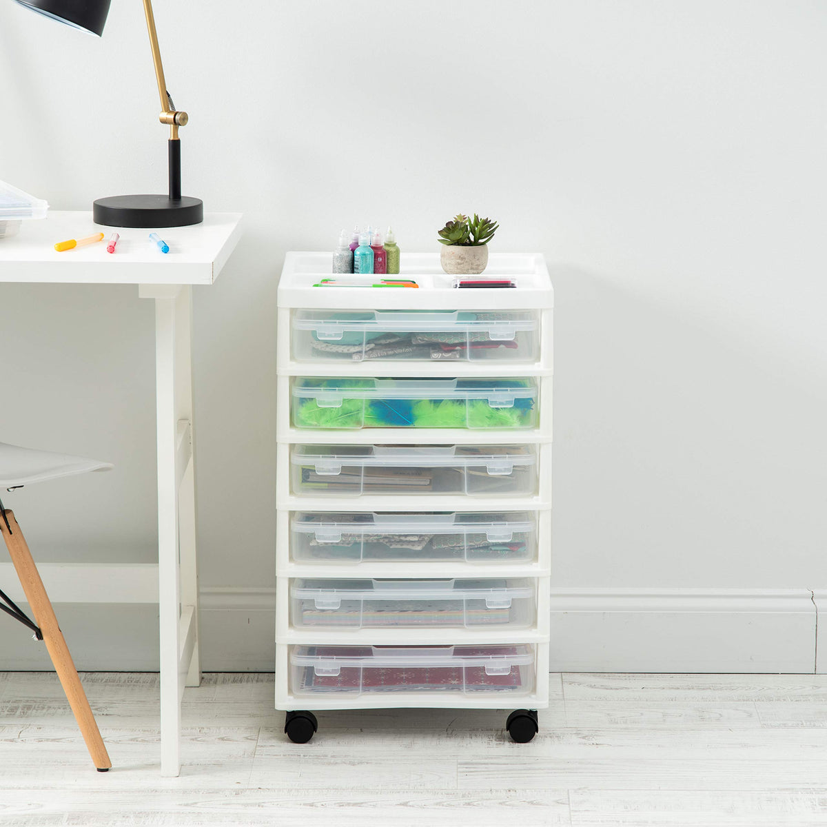 IRIS USA Fits 12" x 12" Paper, 6-Tier Scrapbook Rolling Storage Cart with Organizer for Stationery Vinyl Tools Office Art and Craft Supplies, Yarn, 6 Clear Cases w/Built in Handle - White/Clear