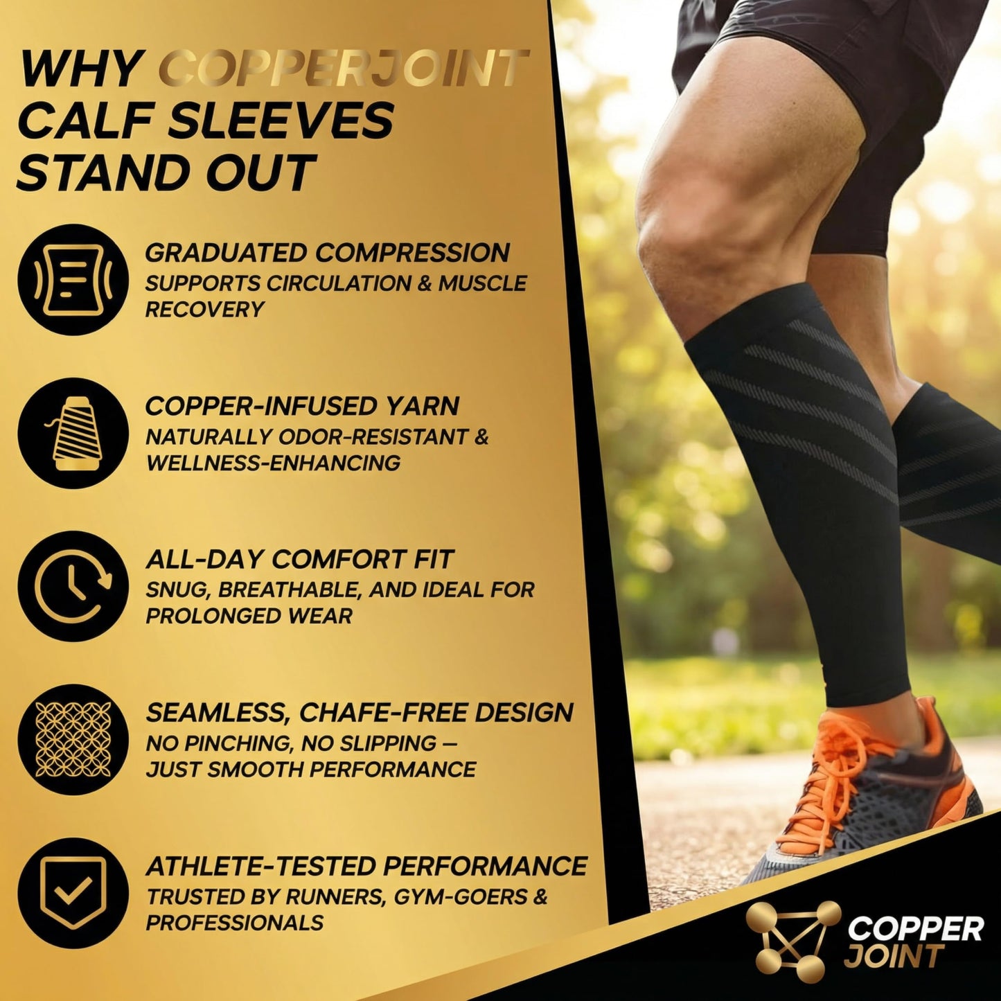 CopperJoint Calf Compression Sleeve for Men & Women Medium Copper Stripe-Firm Snug Fit Support for Shin Splints, Cramps, Varicose Veins-Copper Infused Nylon Pull-On Leg Sleeve for Sports & Daily Wear