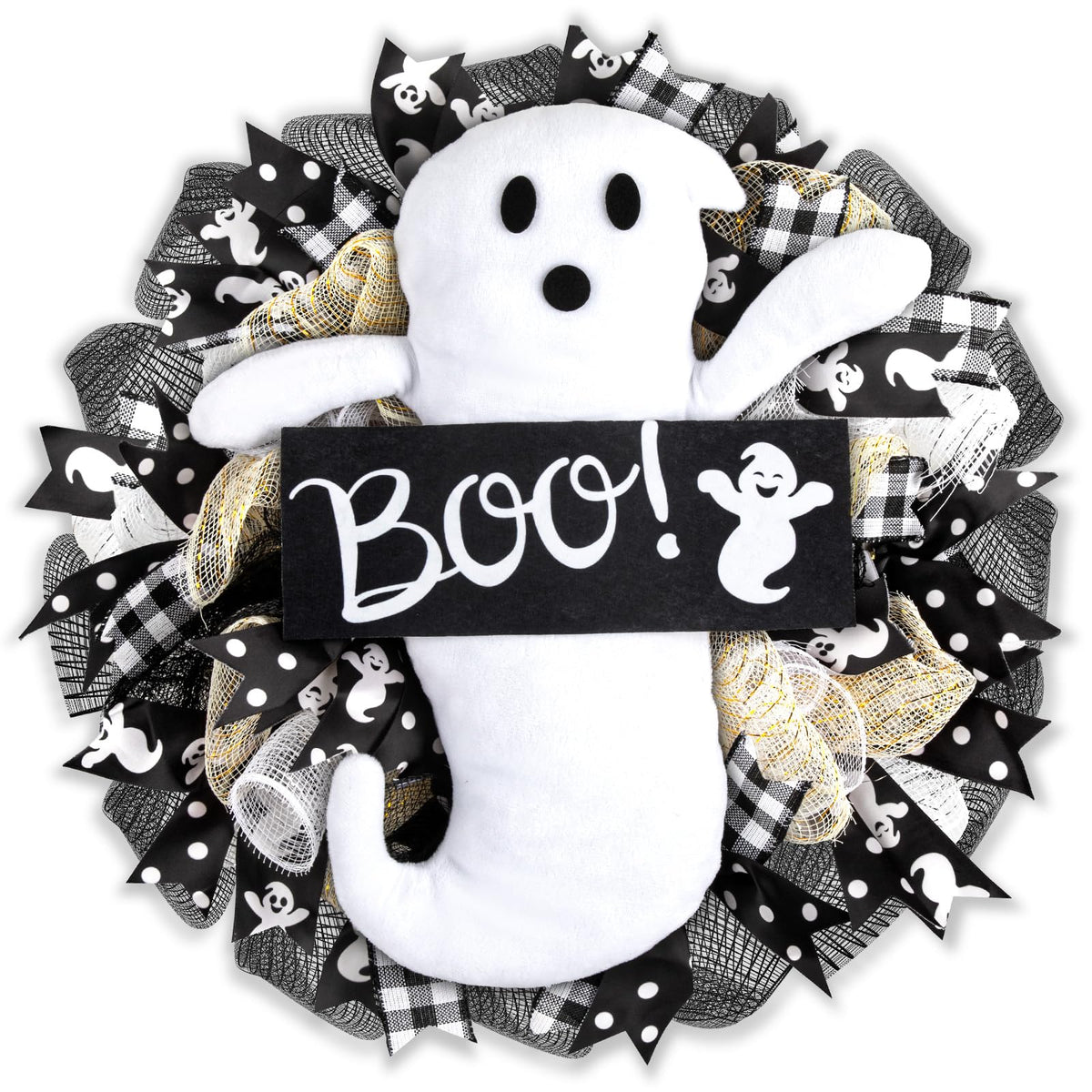 16 Inch Halloween Ghost Wreath Burlap Wreath with Ghost Doll Artificial Hanging Garland for Halloween Decorations Indoor Outdoor Party Supplies