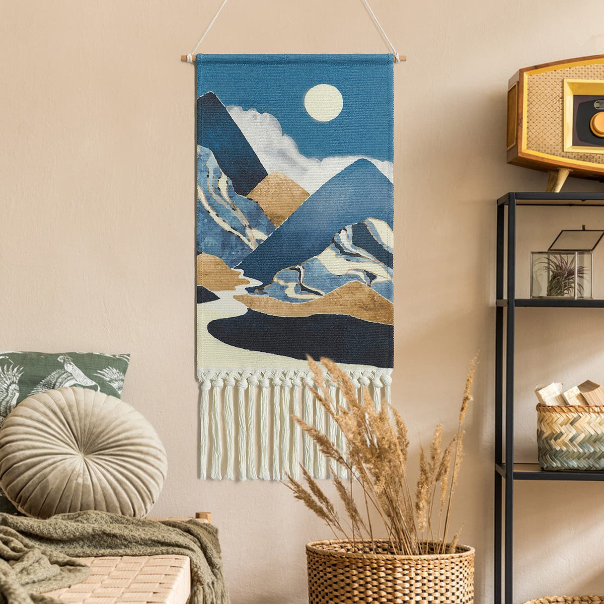 Alynsehom Macrame Woven Wall Hanging Tapestry Boho Wall Art Moon Mountain Chic Home Decor Bohemian Aztec Apartment Dorm Room Backdrop Decoration (Blue)