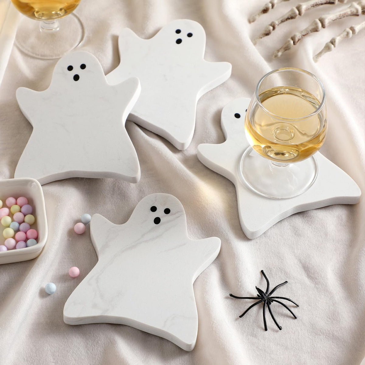 Acellegic 4pcs Marble Coasters Halloween Ghost Coasters 4.7 x 3.9 Inches for Drinks Beverage Boo Mug Cup Car Desk Party Decoration(Halloween Ghost,White)