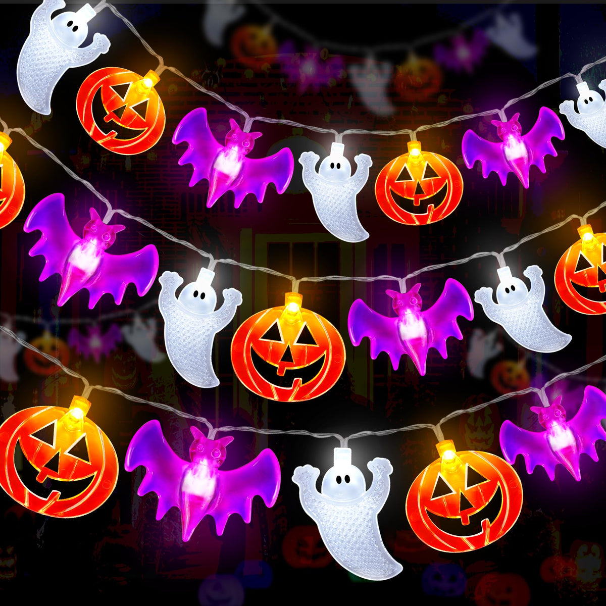 2 Pack Halloween Lights Indoor Outdoor Decorations Total 40FT 60 LED Pumpkin Bat Ghost Halloween String Lights Battery Operated, 8 Modes Waterproof Spooky Fairy Lights Home Yard Window Outside Decor