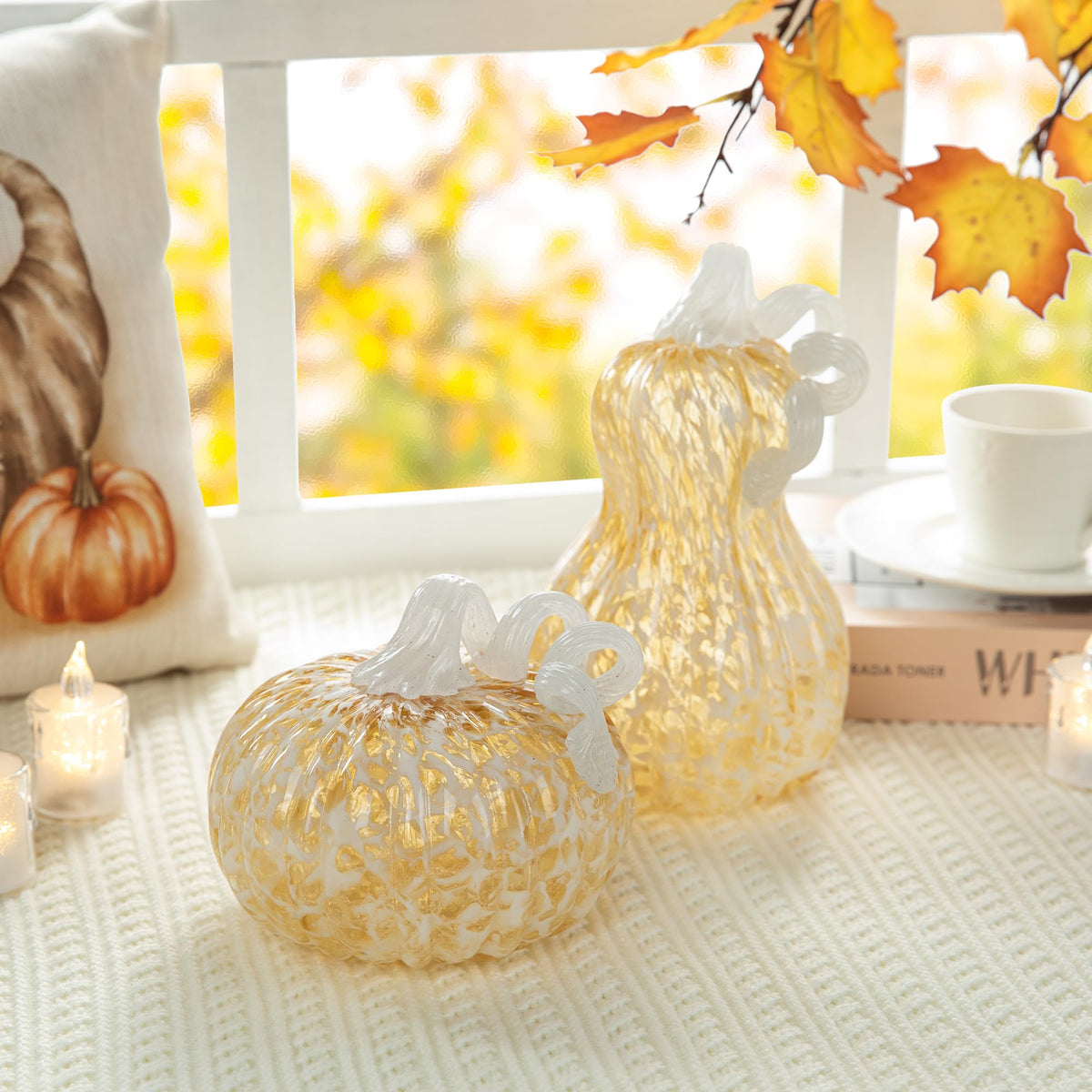 Glitzhome Hand Blown Glass Pumpkin Decor 5" Amber - Artisan Fall Harvest Thanksgiving Table Centerpiece Halloween Home Decor