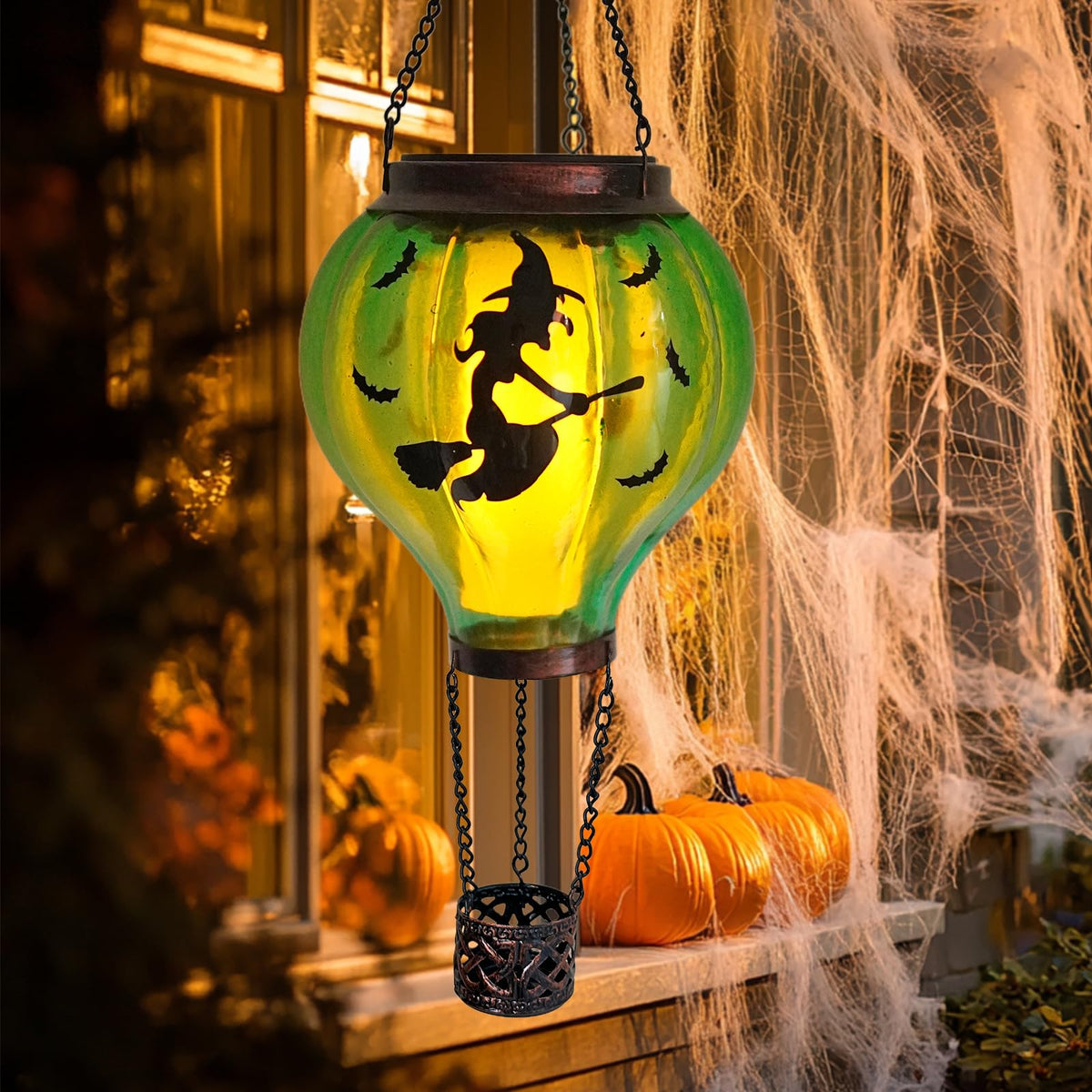 Halloween Decoration Outdoor Hot Air Balloon Solar Lantern with Flickering Flame, Hanging Outdoor Lanterns with Flying Witch Design Waterproof Decor for Garden, Patio, Halloween Party(Witch)