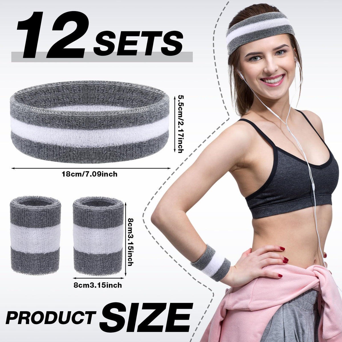 Eurzom 36 Pcs Neon Sports Sweatbands Set Include 12 Striped Sweat Absorbing Headbands 24 Wrist Sweatbands Cotton Wristbands for Men Women Gym Tennis(Grey, White)