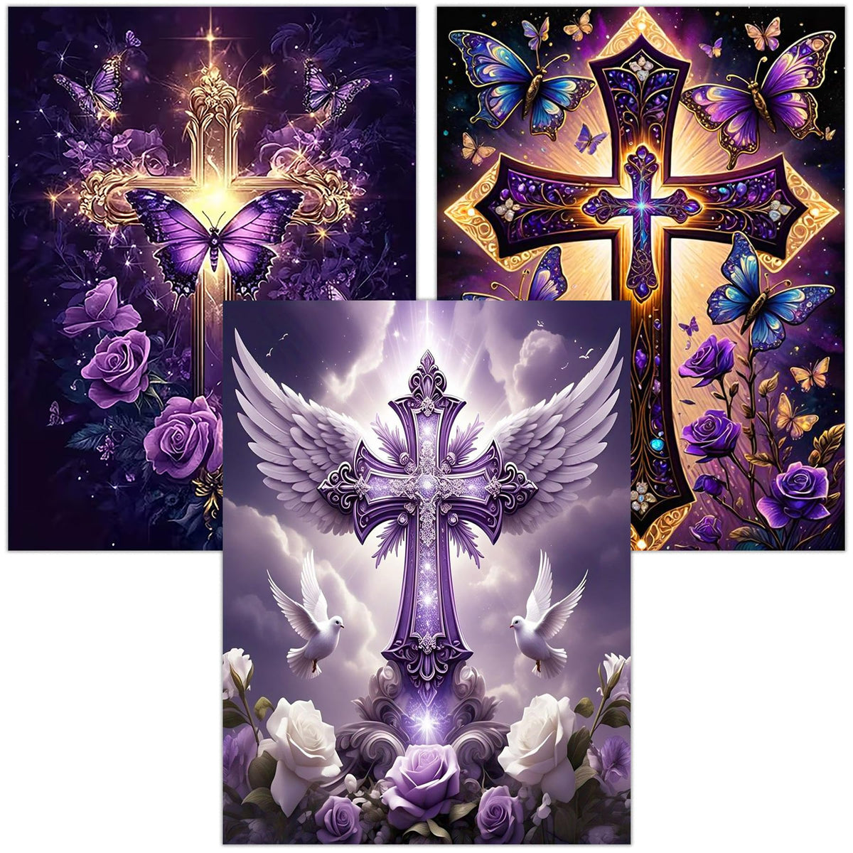 croshom Cross Diamond Art Kits for Adults, 3 Packs Cross Diamond Painting Kits for Adults, 5D DIY Religious Full Round Drill Gem Craft for Adult Gifts, Home Wall Decor 11.8" x 15.7"