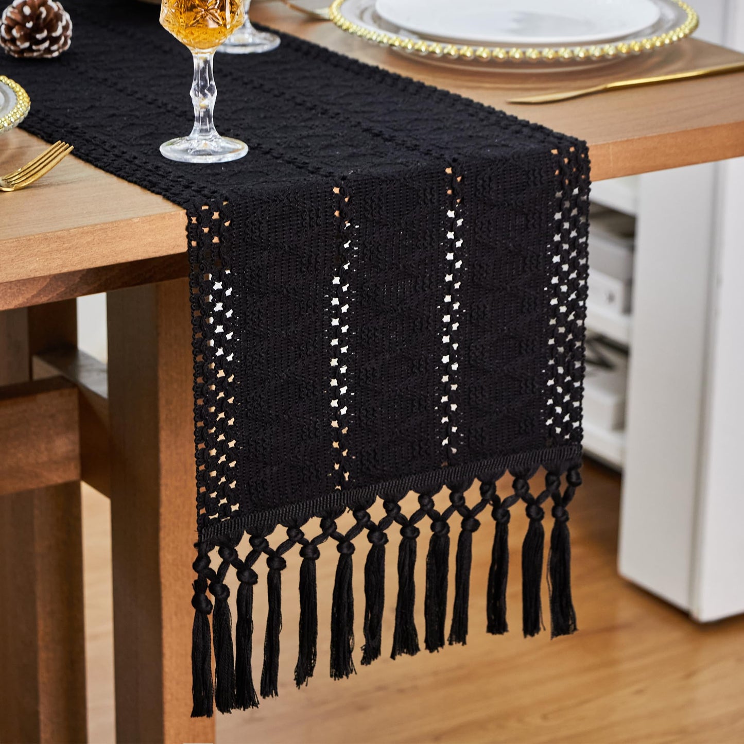 FEXIA Black Table Runner for Summer Home Decor with Tassels 108 Inches Long Farmhouse Rustic Black Halloween Table Runner Macrame Gothic Burlap Table Decoration for Living Room (12x108 Inches)