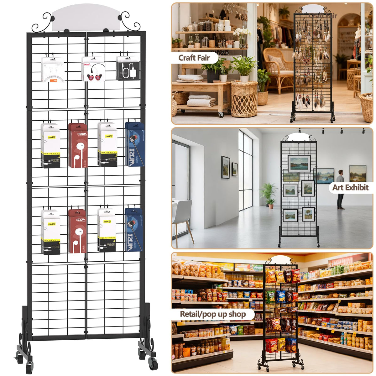 Urban Deco Grid Wall Panel Display Stand, 2.2' x 6.2' FT Gridwall Panel with Extra 8 Hooks, Craft Show Display Rack Black Metal Grids Standing Wire Rack for Retail Merchandise