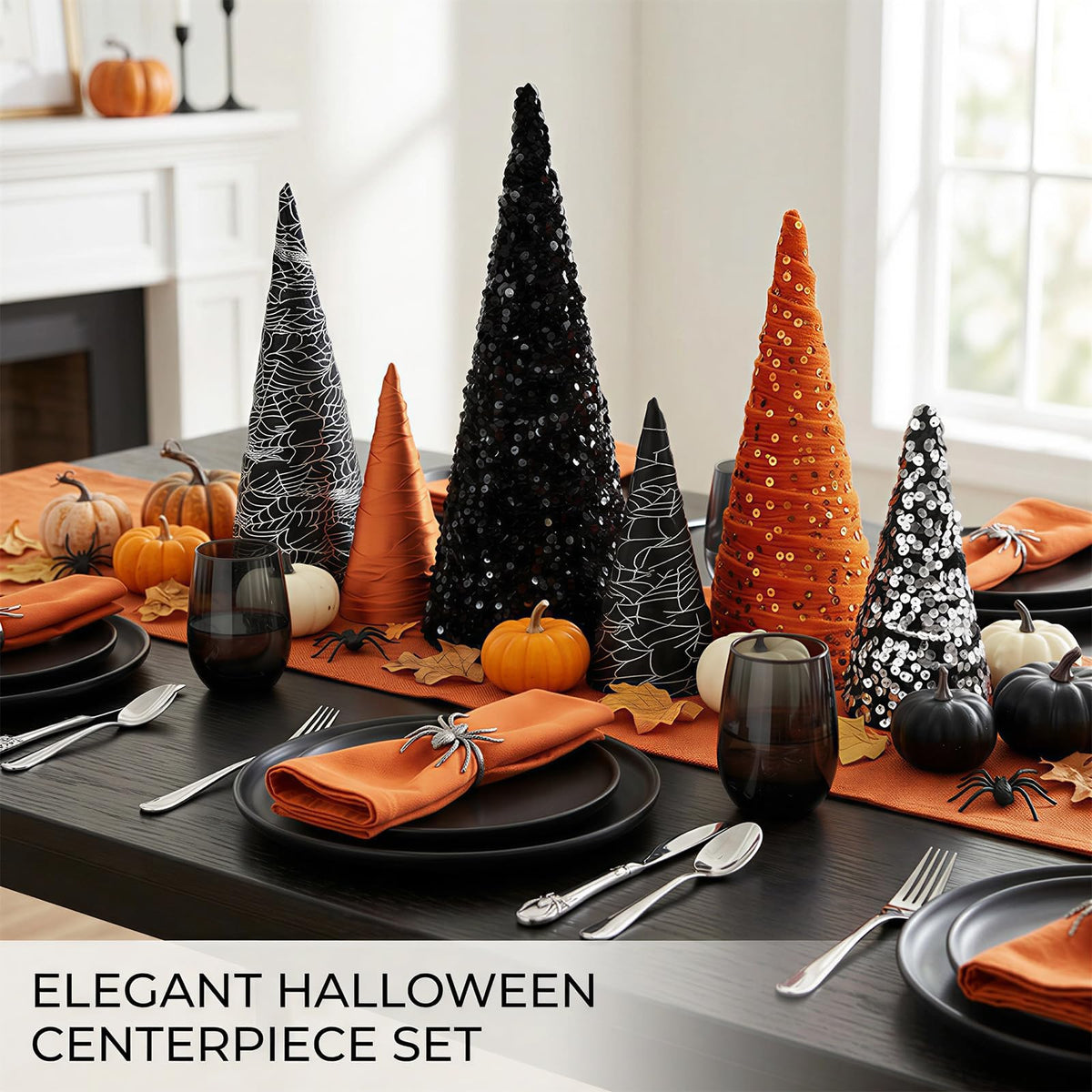 6 PCS 12" 10" 6" Cone Tree Decorations Halloween Sequin Satin Table Centerpieces Decor Black Orange Spider Web Halloween Tiered Tray Ornament Xmas Tree for Home Entryway Tabletop Centerpiece Decor