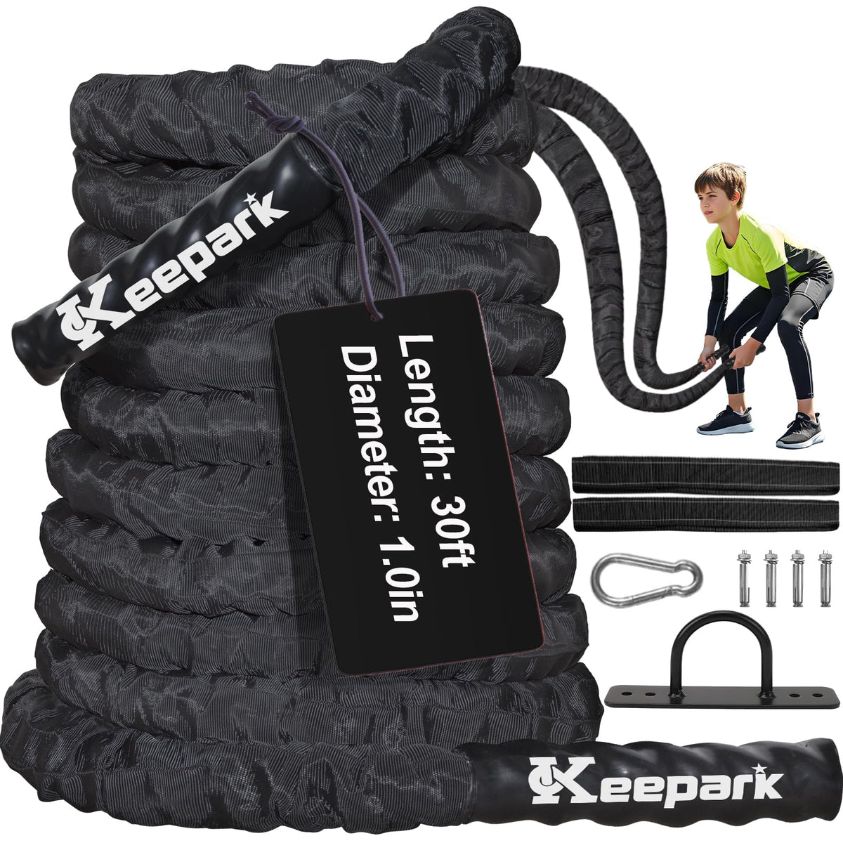 Battle Ropes for Home Gym 1 Inch Diameter 30FT Length Workout Rope Exercise Rope Training Ropes with Protective Sleeve for Kids Men Women Exercise Fitness & Strength Training
