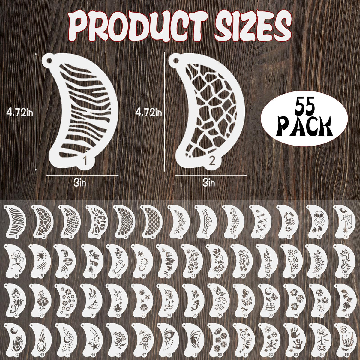 55 Pcs Face Paint Stencils, Reusable Face Painting Stencils Washable Body Makeup Art Tattoo Templates Flowers Animals Shapes Elements with Hanging Hole for Party Holiday Halloween, White Translucent