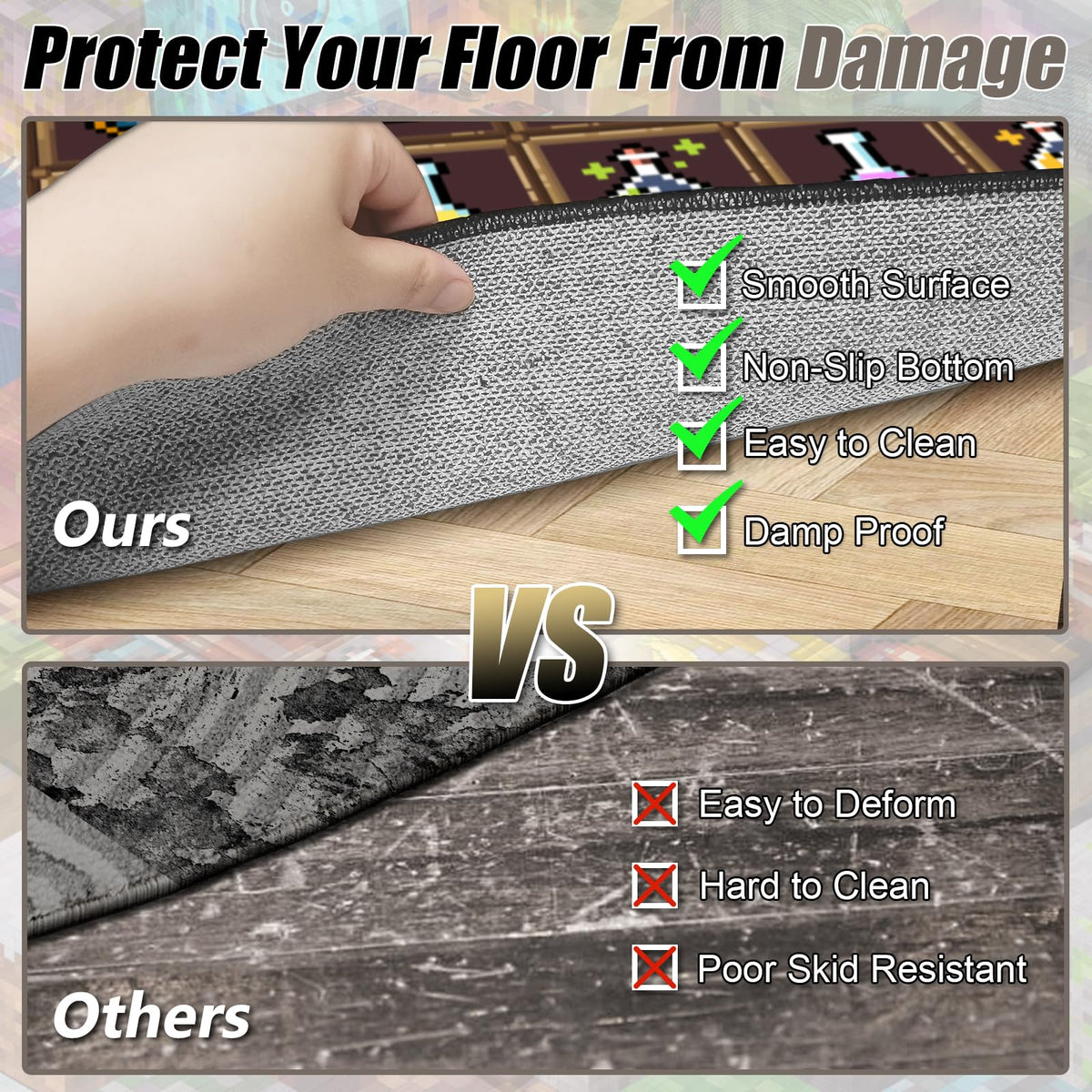 DRVAKO Game Rug Teen Boys Carpet with Pixel Games Element Items Decoration Mat, Weapon Medical Game Rugs for Boy’s Bedroom Living Room Playroom, Non-Slip Children Gaming Area Rugs (Brown, 63" x 47")