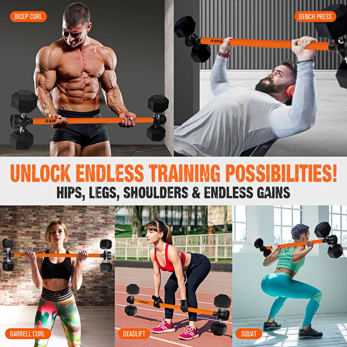 Rawaild Dumbbell Converter, Convert Dumbbells to Barbell Set, Weight Bar for Bench Presses, Squats, Hip Thrust, Deadlifts, Home Weightlifting and Strength Training, Versatile Home Gym Equipment