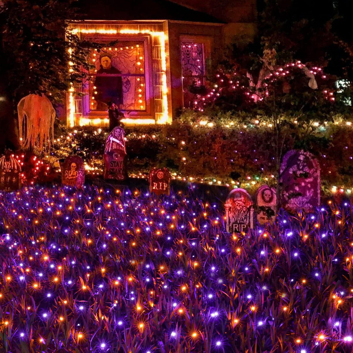 Joomer 12ft x 5ft 360LED Orange Purple Halloween Net Lights Outdoor Mesh lights, 8 Modes Timer Connectable Waterproof Bush Light Mesh Netting Light for Halloween Outdoor Decorations (Green Wire)