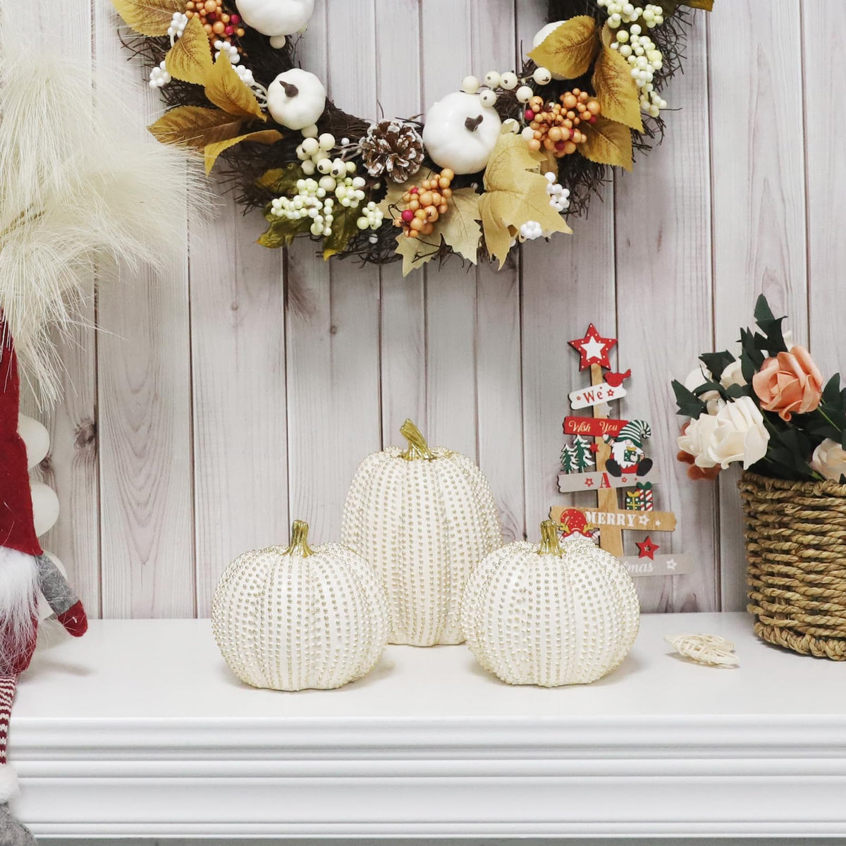 TaoQ C 3 PCS Large Thanksgiving Resin Pumpkin, Fall Pumpkin Figurines White and Gold Glitter Resin Pumpkin for Home Kitchen Halloween Thanksgiving Fall Harvest Decoration