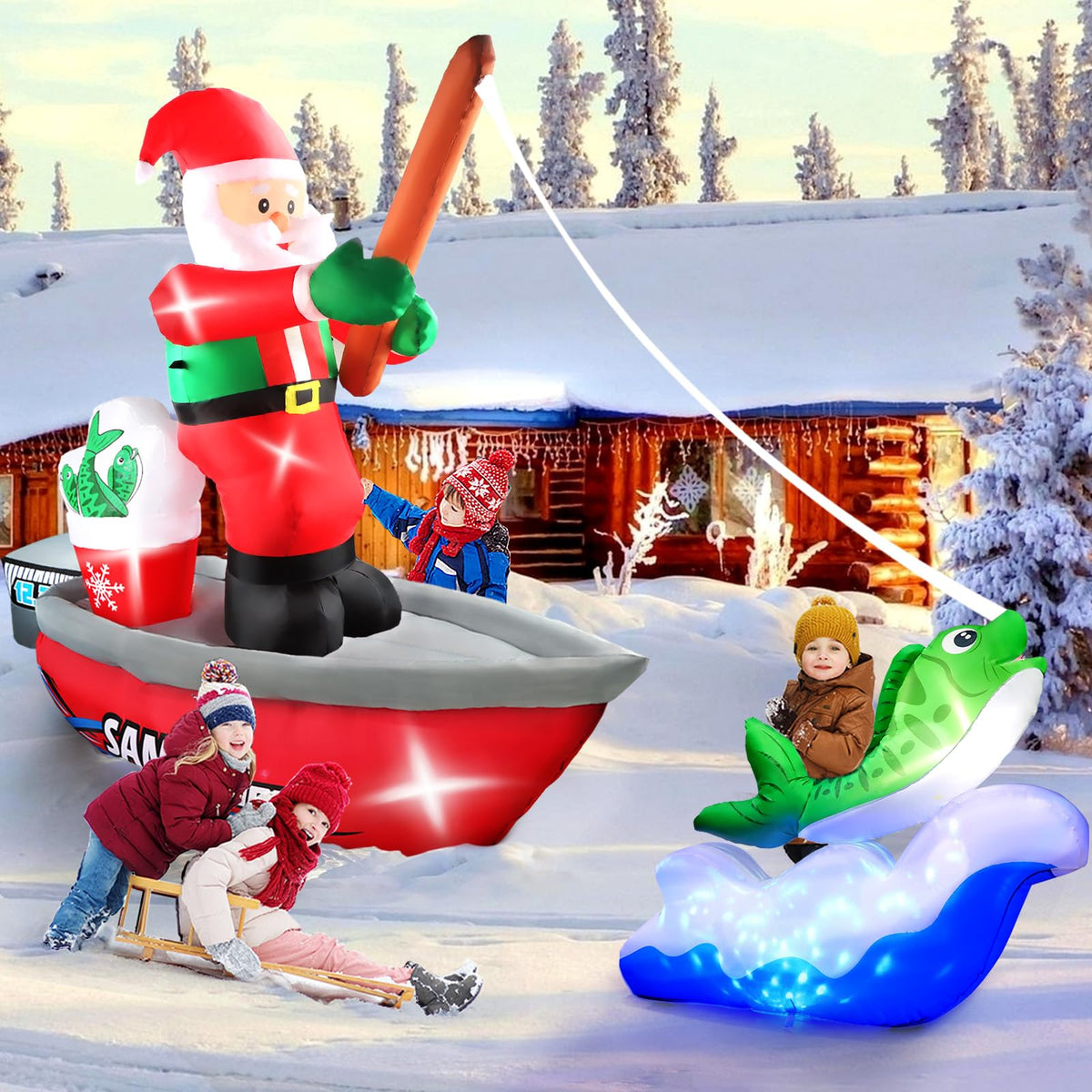 Kalolary 15FT Long Christmas Inflatables Fishing Santa Claus, Santa Inflatables Blow Up Yard Outdoor Decorations with Built-in Rotating Blue LED Lights for Xmas Party Yard Garden Lawn Indoor Decors