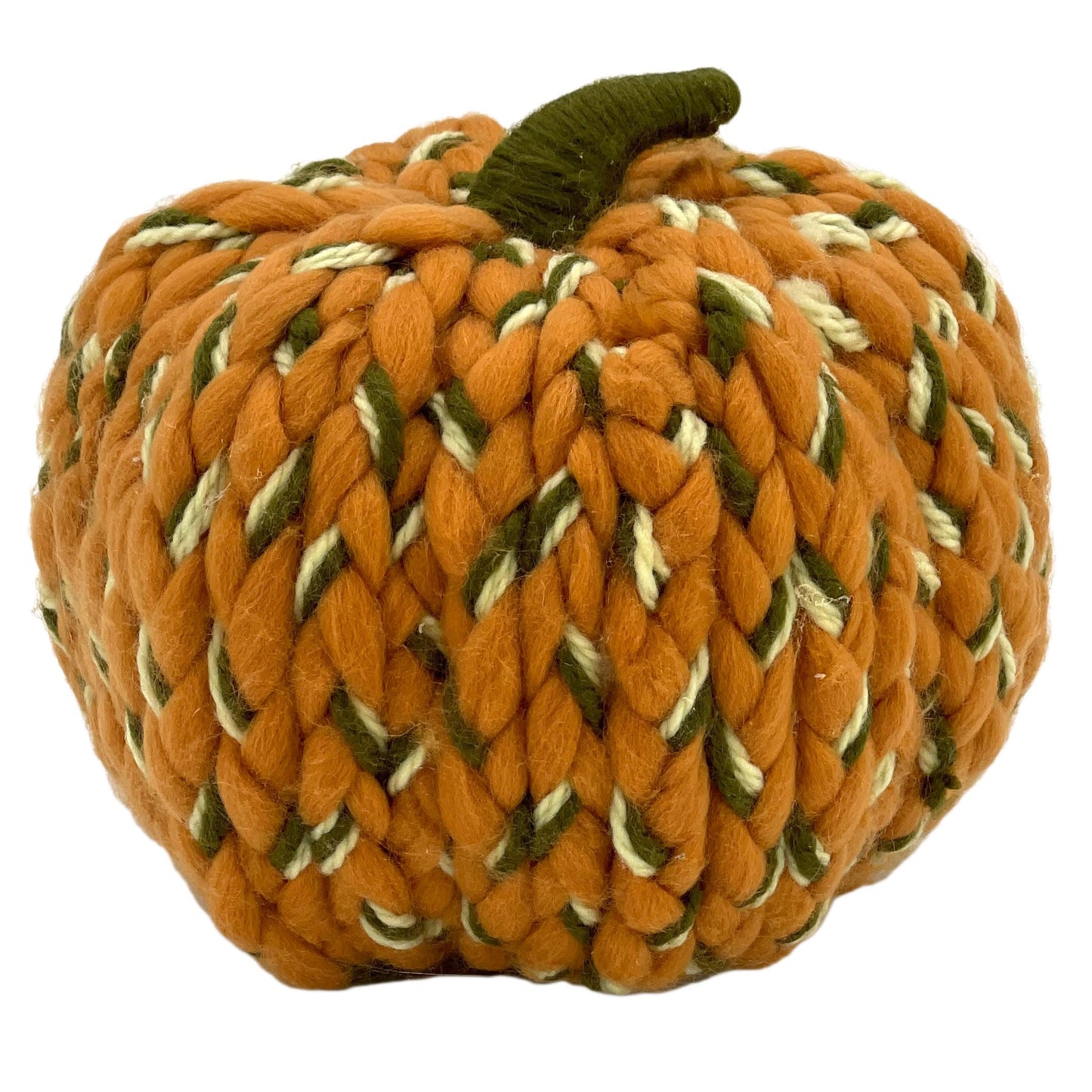 Galt International Chunky Yarn Woven Pumpkin Handmade Indoor Thanksgiving Harvest Decoration 9" Fall Autumn Home Decor Orange Green Cream Tabletop Coffeetable Mantle Dining Table Braided
