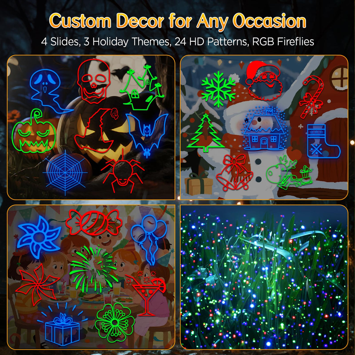 Christmas Lights Projector Outdoor, 2-in-1 Holiday Light Projector with 4 Slides & 8 Brighter HD Patterns, Moving RGB Firefly Effects Light for Christmas Decorations, Halloween, Yard & Garden