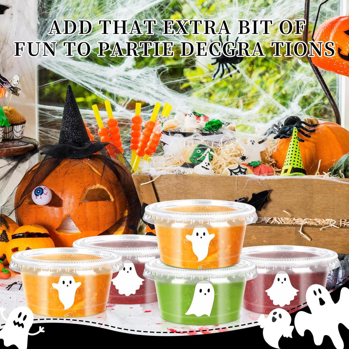 FYSUIMU 75 Pcs Halloween Sauce Cup Mini White Ghost Jelly Shot Cups with Lids Disposable Plastic Containers for Holidays Party Supplies, 2 oz