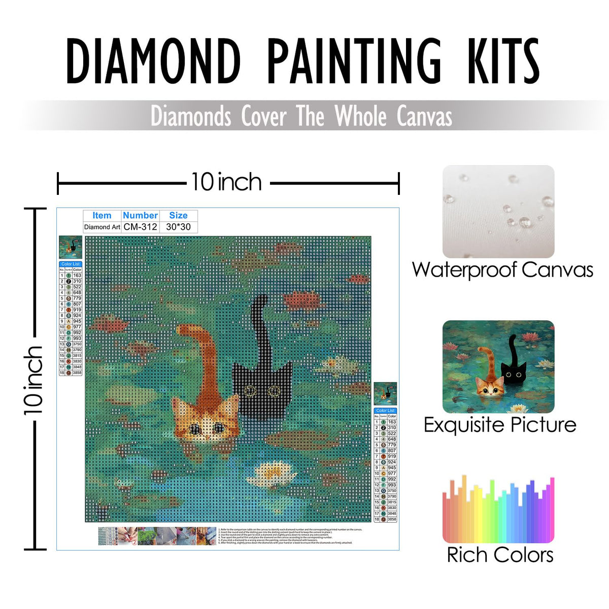 RLTXBUK Whimsical Black Orange Cat Diamond Art Kits, Monet Inspired Water Lilies Kitten Gem Diamond Painting Art Kits for Adults Beginners, Cat Mom Lovers Lady Gifts for Women 11.8x11.8 Inch