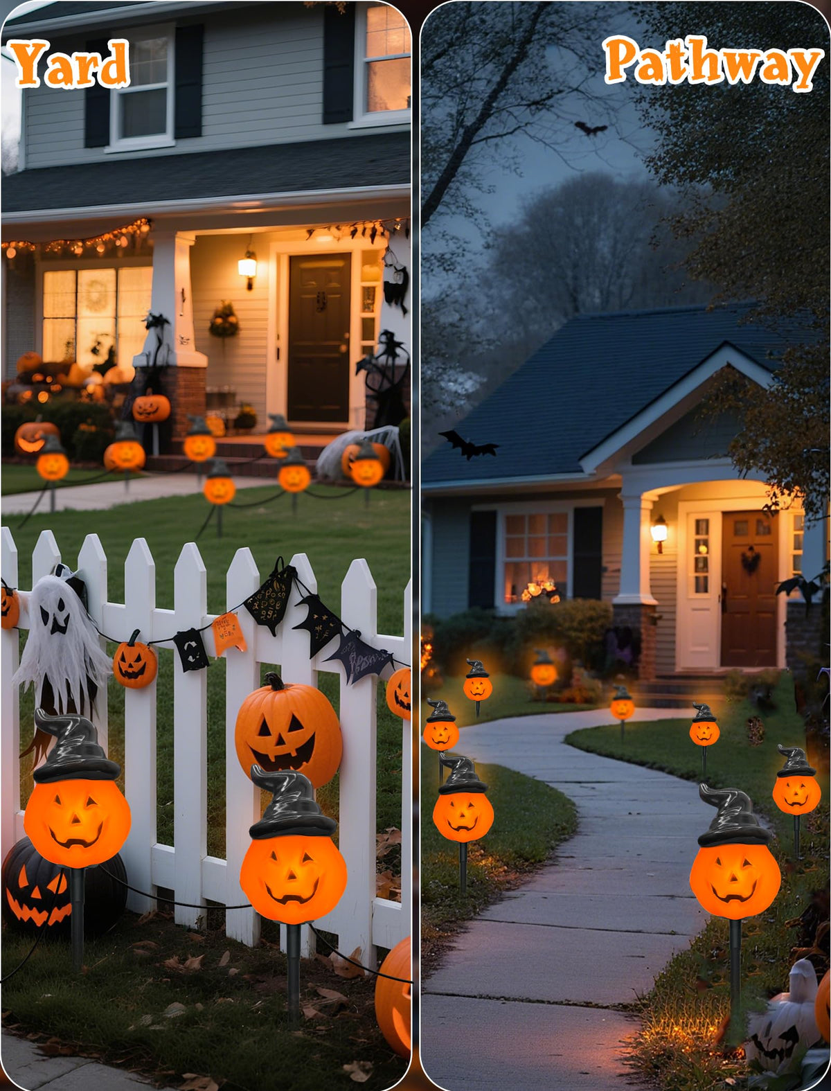Oviejo Halloween Decorations Outdoor C7 Halloween Pumpkin Pathway Stake Lights, 7Ft Jack-o-Lantern Garden Light with 4 C7 LED Bulbs, Pathway String Lights for Outdoor Garden Walkway Party Lighting