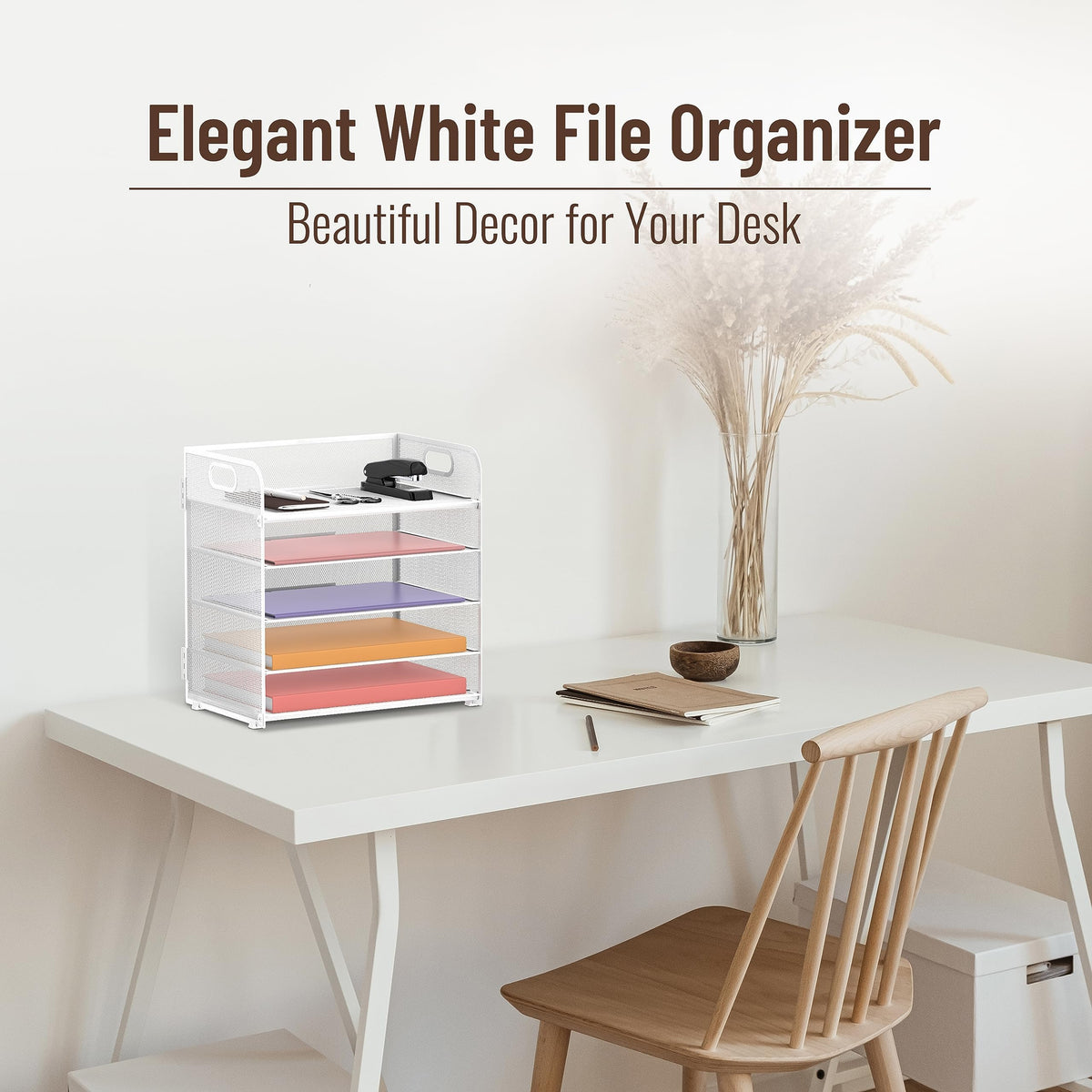 2 Pack 5-Tier White Desk Organizer with Handle Mesh Desk File/Paper Organizer Letter Tray for Office, School and Home Easy Installation