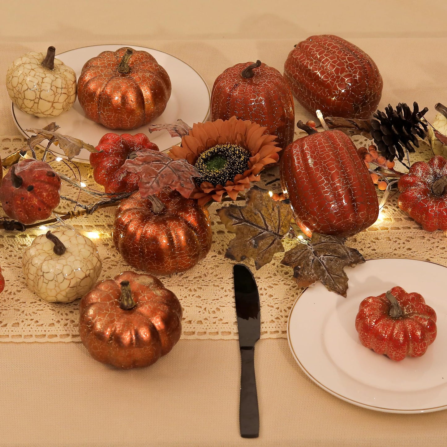 Artgar Pumpkin Decor, 8 PCS Halloween Pumpkin, Metal Cracked Design Foam Pumpkins for Halloween Thanksgiving Fall Home Table Indoor Outdoor Decorations