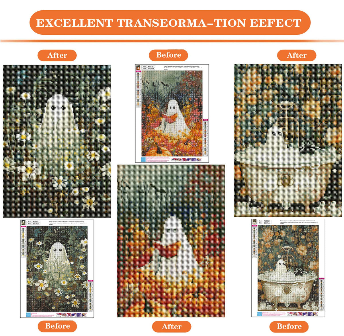 igoodom 3 Pack Halloween Diamond Art Kits for Adults, Halloween Ghosts Diamond Painting Kit, Full Drill Round Diamond Art Kits, DIY Gem Art and Crafts for Home Wall Decor Gift 12x16inch