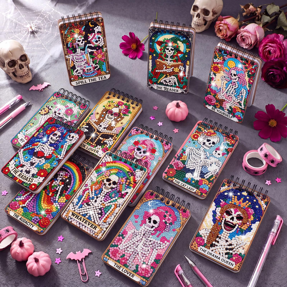 Fuyoooo 12 Pcs Summer Halloween Diamond Art Notebook Kits for Adults DIY Hawaiian Halloween Diamond Painting Notebook Gift Set Cover Notepad 5d Pink Skull Journal Art Crafts Accessories with Tools