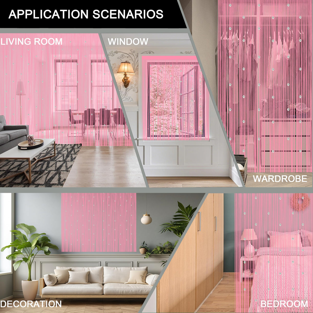 Beaded String Curtains for Doorways Boho Bedroom Decor Hanging Door Wall Beads Closet Window Curtain Room Divider Privacy Decorative (Pink, 39" W x 79" L)