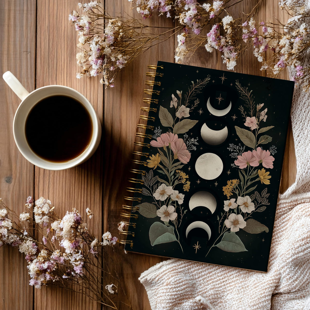 Gothic Notebook Journal for Women - A5 Spiral Notebook with Dark Academia, Flowers Design, Vintage Witchy Journal, Gothic Office & School Supplies, Unique Gifts for Women Birthday, Christmas (Moon)