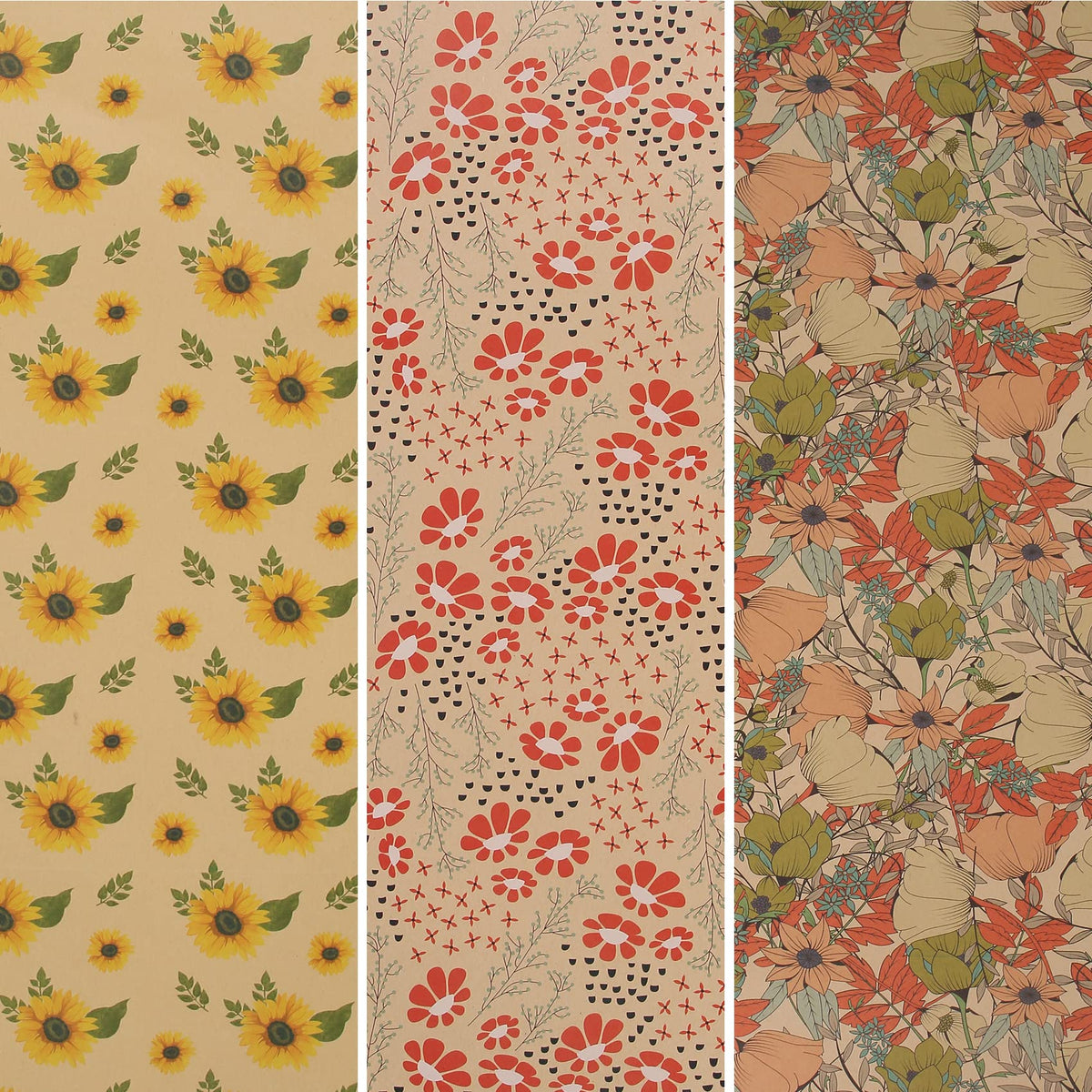 Aimyoo Kraft Floral Wrapping Paper Bundle, Vintage Spring Flowers Rose Gift Wrap Paper for Wedding Bridal Shower Birthday, 3 Rolls 17 in x 10 ft per Roll