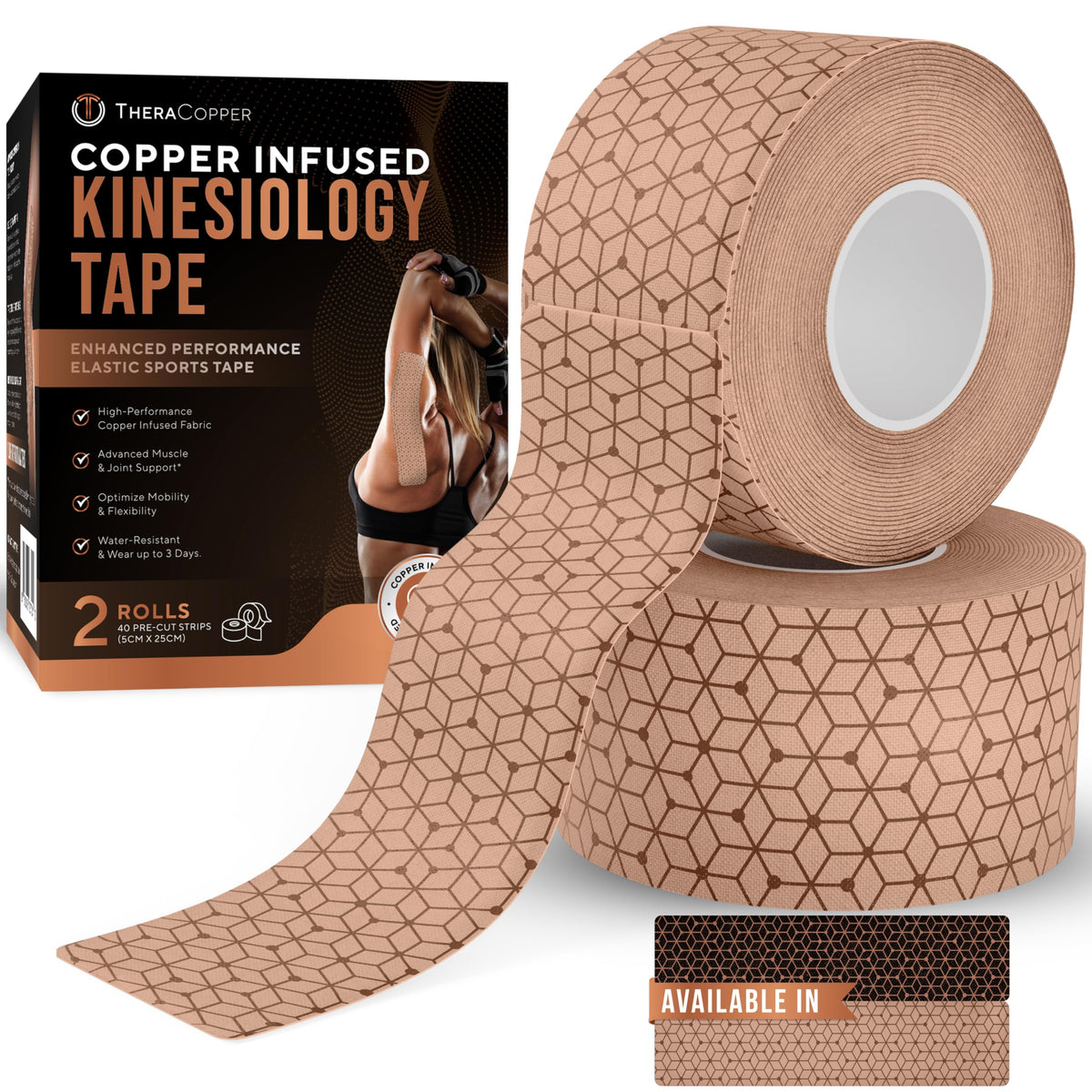 TheraCopper Copper Infused Kinesiology Tape – 2 Rolls (40 Precut Strips) – Advanced Waterproof Kinesiology Tape for Shoulder, Elbow, Bowling Wrist, Weightlifting, Muscle Strain & Joint Support (Tan)