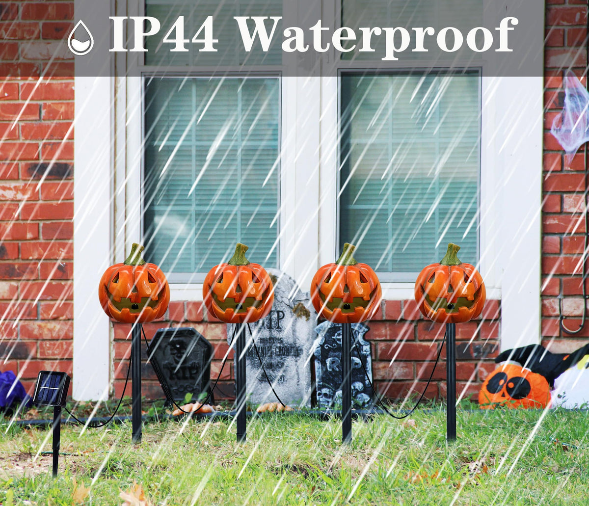 NIGHT-GRING 4 Pack Halloween Pumpkin Pathway Solar Lights, Orange Yard Stake String Lights Halloween Outdoor Decorations, Waterproof LED Pumpkin Halloween Décor Walkway Lights