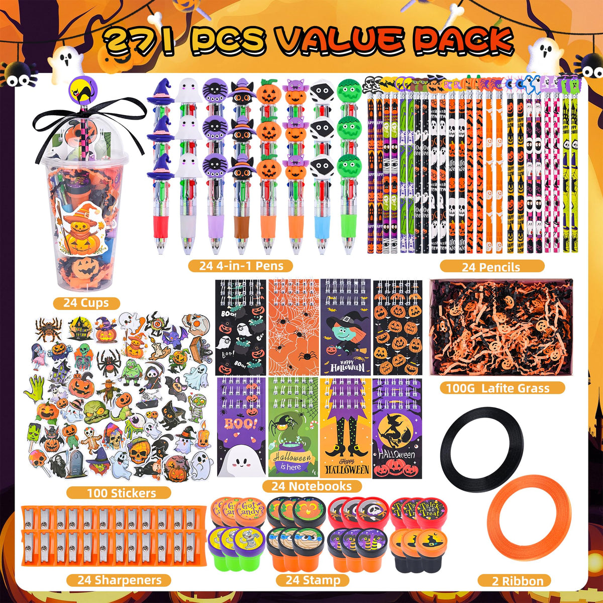 LiYiQ 247 Pcs Halloween Party Favors Return Gifts for Party, Student Stationery Gifts from Teacher, Pencil Erasers Notebooks Stickers for Classroom Birthday Goodie Bags Rewards Prizes