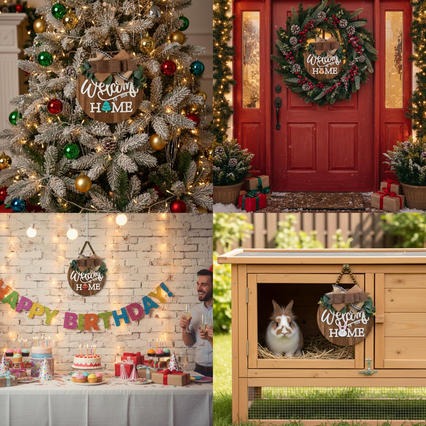 CondorPasea Interchangeable Welcome Door Sign with 16 Different Replaceable Patterns - 12" Round 3D Rustic Wooden Front Porch Decor, Artificial Leaves & Rustic Beads, Farmhouse/Classroom All Seasons Holiday (Christmas Halloween) Welcome Home Hanging Sign